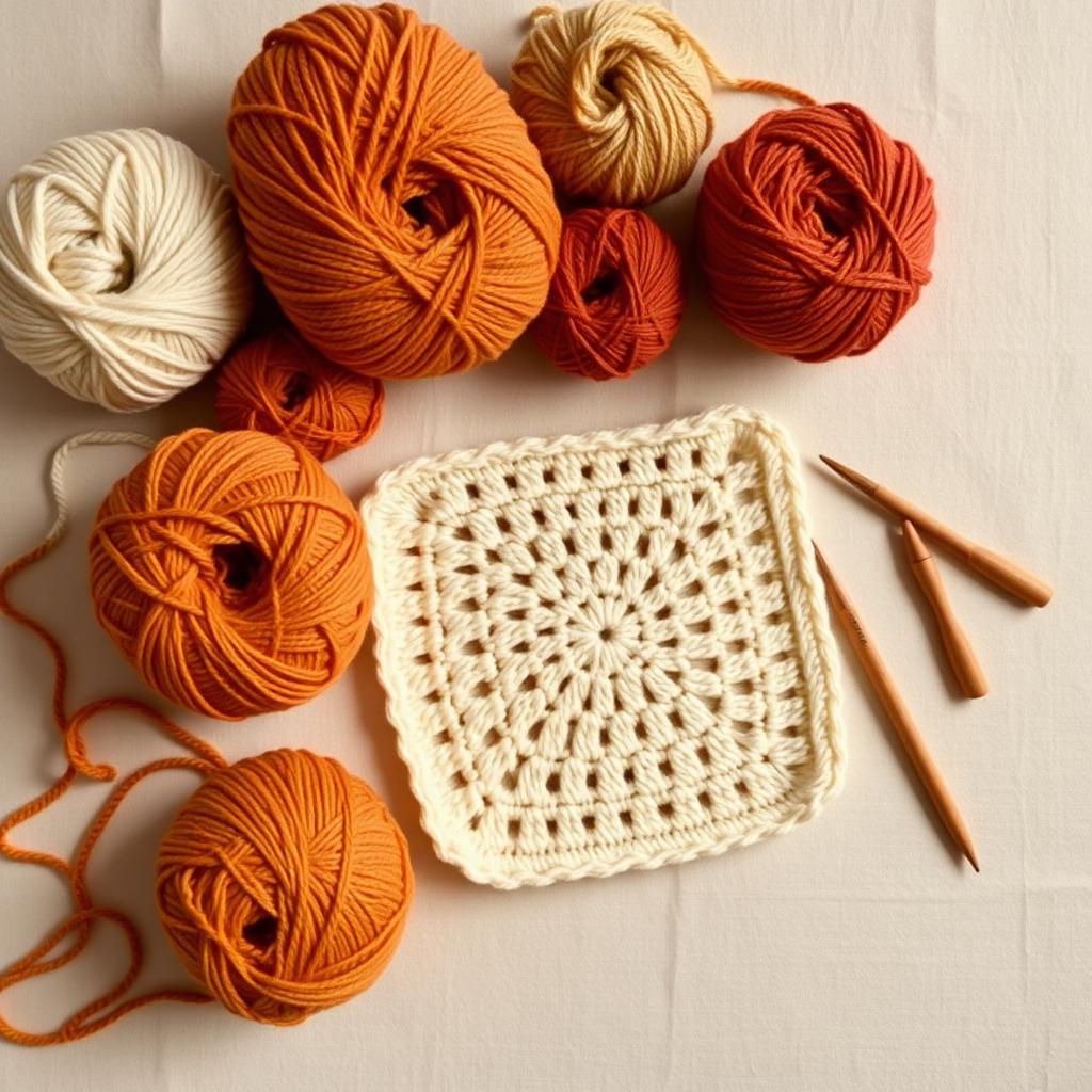 Warm yarn balls and a finished granny square on cream linen